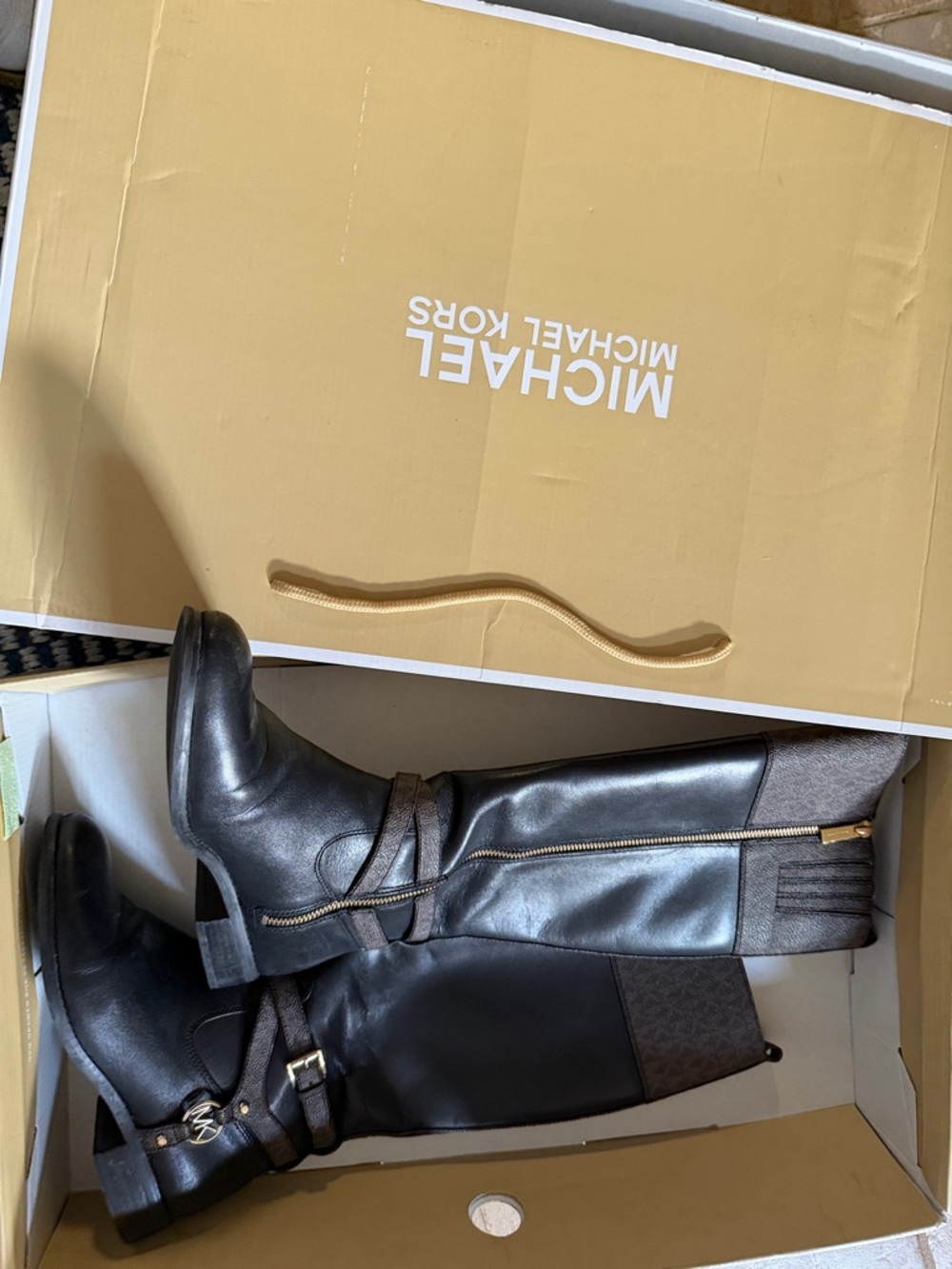 Michael Kors Black Leather and Brown Logo Panel Tall Boots